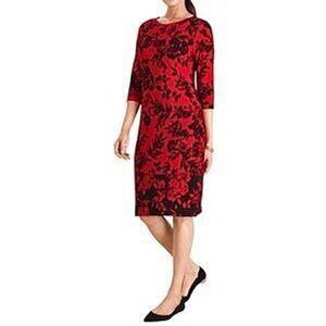 Chicos Red Black Floral Sheath Dress 3/4 Sleeve Petite 2P / 12‎ - 14